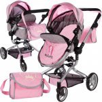 Carucior pentru papusi Malplay 2 in 1, pliabil, cu spatar si capotina reglabile, cadru metalic, roti din cauciuc EVA pivotante, Princess Pink/Grey