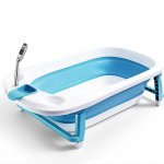 Cadita Little Mom Lemon Bathtub Blue pliabilă, cu margini rotunjite, dop evacuare, senzor temperatura