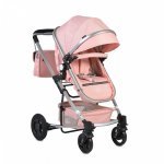 Carucior 2 in 1 transformabil Moni Gigi Pink cu sezut reversibil,roti rezistente,husa picioare si geanta mamici incluse,pliere usoara,cadru rezistent din aluminiu,capotina mare