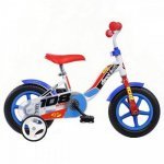 Bicicleta pentru copii Dino Bikes 108 Sport alb si albastru 10 inch de la 3 ani, inaltimea 78-90 cm, roti spuma EVA, claxon pe ghidon, roti ajutatoare