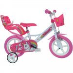 Bicicleta copii Dino Bikes Unicorn 12 inch, varsta 3-5 ani, inaltimea 87-110 cm, anvelope spuma EVA, frana de mana pe roata din fata, pinion spate fix, roti ajutatoare detasabile, cosulet si scaun pentru papusa