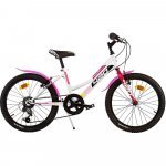 Bicicleta copii Dino Bikes MTB fete sport alb 20 inch, cu 6 viteze, varsta 7-11 ani, inaltimea 120-145 cm, anvelope gonflabile, frana de mana pe roata fata/spate, cric, roti prevazute cu reflectoare