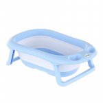 Cadita Little Mom Bellan Blue pliabilă, cu margini rotunjite, dop evacuare, suprafață anti-alunecare, fără BPA, dimensiuni 81,8 x 53,5 x 23,5 cm