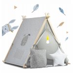Cort de joacă pentru copii Nukido Gri,stil Montessori 107x116x110 cm,cadru din lemn,țesătură din bumbac,fereastra,buzunar, lampa LED,covoraș și 2 pernițe incluse