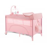 Patut cu doua nivele Kikkaboo Nighty Night Pink pliabil, usita cu fermoar, masuta de infasat, carusel muzical, roti cu frana