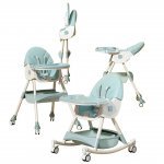 Scaun de masă pliabil pentru bebeluși Little Mom 3 in 1 Funny Light Green cu roți și funcție de balansoar, multifuncțional, centura de siguranța 5 Puncte, ajustabil pe înălțime, coș de depozitare, husa detașabilă