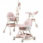 Scaun de masă pliabil pentru bebeluși Little Mom 3 in 1 Funny Pink cu roți și funcție de balansoar, multifuncțional, centura de siguranța 5 Puncte, ajustabil pe înălțime, coș de depozitare, husa detașabilă