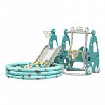 Spatiu de joaca Nichiduta Garden Happy Turtle Blue 3 in 1 cu tobogan, leagan cu bara de protectie detasabila, jucarie muzicala, cos de baschet, mingie si piscina cu 200 bile joaca incluse