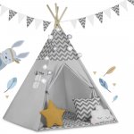 Cort de joacă pentru copii Montessori Nukido Tipi Gri 120x120x160cm cu 3 pernuțe din bumbac, covoraș și ghirlanda lumini incluse
