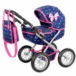 Cărucior de papusi pentru copii Kinderplay, construcție solida 36 x 48 x 58cm, roți din spumă PVC, coș pentru accesorii, cu Copertină, mâner reglabil și gentuță cu fermoar inclusă Blue / Pink Triangle