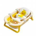 Set cadita pliabila pentru copii Little Mom Yellow, cu pernuta bebelusi detasabila, termometru display digital incorporat, dop scurgere, picioruse antiderapante, design ergonomic,80 x 50 x 24 cm