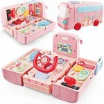 Autobuz interactiv 2in1 Matadi Pink transformabil in simulator de conducere cu volan,semnalizări cu lumini LED,schimbător de viteze,sunete și muzica
