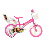 Bicicletă pentru copii Dino Bikes Barbie roz 12 inch, varsta 3-4 ani, cu o înălțime cuprinsă între 87-110 cm, sistem cu 1 frână, pinion fix, roți spumă EVA, scaunel pentru papusa și coșuleț fata