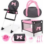 Set 9in1 complet îngrijire papusi Bayer Inimioare Roz/Negru cu scaun de masă,patut de călătorie,centru de activități,gentuță de umăr și accesorii hrănire incluse