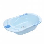 Cadita bebelusi Little Mom Apple Blue cu margini rotunjite, design ergonomic, buton de scurgere apa, dimensiuni 88 x 50.5 cm, varsta recomandata 0-12 luni