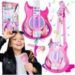 Set chitara cu functie MP3 si 8 melodii preinregistrate, pentru copii Malplay, cu microfon pe stativ, pink Rock Star