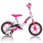 Bicicleta copii Dino Bikes 108 Sport alb si roz 10 inch, frana de mana pe roata din fata, roti ajutatoare, de la 3 ani, inaltimea recomandata 78-90 cm, claxon pe ghidon, roti din spuma EVA