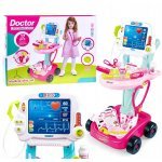 Set cabinet medical Matadi Little Doctor Pink cu panou EKG sunete și lumini, 17 accesorii medicale incluse,roți pentru mutare ușoară