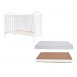 Set Patut din lemn Nichiduta Somn Usor Alb 120x60 cm pana la 4 ani, inaltime saltea reglabila pe 3 nivele, Margini rotunjite, Vopsea nontoxica pe baza de apa + Saltea cocos 10 cm cu husa detasabila din microfibra