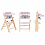 Scaun de masă multifuncțional Cangaroo Caramel Pink 2in1 din lemn cu șezut reglabil 3 nivele,de la 6luni,suport picioare reglabil 6 nivele,pliere compactă,centura de siguranța,pernuta moale inclusă,picioare antiderapante