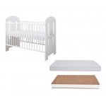 Set Patut din lemn cu sistem 3 bare detasabile si somiera reglabila pe 3 nivele de inaltime Ptilou Elefantel alb + Saltea cu husa detasabila din microfibra 10 cm grosime Nichiduta Cocos Comfort +