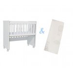 Set patut copii Nichiduta Mini Cot White cu laterala culisanta,somiera reglabila pe 4 nivele de inaltime,Roti cu blocare si Margini rotunjite + Saltea cocos-burete cu detasabila cu fermoar Dreamillo Bunny 90x40 cm