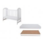 Set Patut din lemn pentru copii pana la 4 ani 124x66 cm cu sistem 3 bare detasabile Tymon White + Saltea cu husa detasabila din microfibra 10 cm grosime Nichiduta Cocos Comfort +