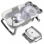 Cadita bebelusi ultrapliabila Little Mom Bear Grey, cu pernuta moale detasabila, termometru incorporat, display digital,suport cap de dus, sistem de agatare, dop pentru evacuarea apei, material non-toxic