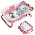 Cadita bebelusi ultrapliabila Little Mom Bear Pink, cu pernuta moale detasabila, termometru incorporat, display digital,suport cap de dus, sistem de agatare, dop pentru evacuarea apei, material non-toxic