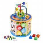 Cub activități educative copii, 8 in 1, ceas, labirinturi, abac, forme geometrice, multicolor, lemn
