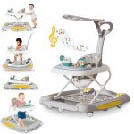 Premergator pentru bebelusi Little Mom, multifunctional cu maner parental, sistem de balansare, Muzica, roti silentioase, cu perna de sezut si copertina detasabila, dimensiune 54 x 17 x 86 cm, Grey
