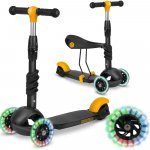 Trotineta 3 in 1 pentru copii Ricokids Cubi Negru/Galben cu scaunel,roți cu lumini LED,platforma antiderapantă,cadru din aluminiu,mânere ergonomice,greutate suportată 30 kg, varsta 3 ani+