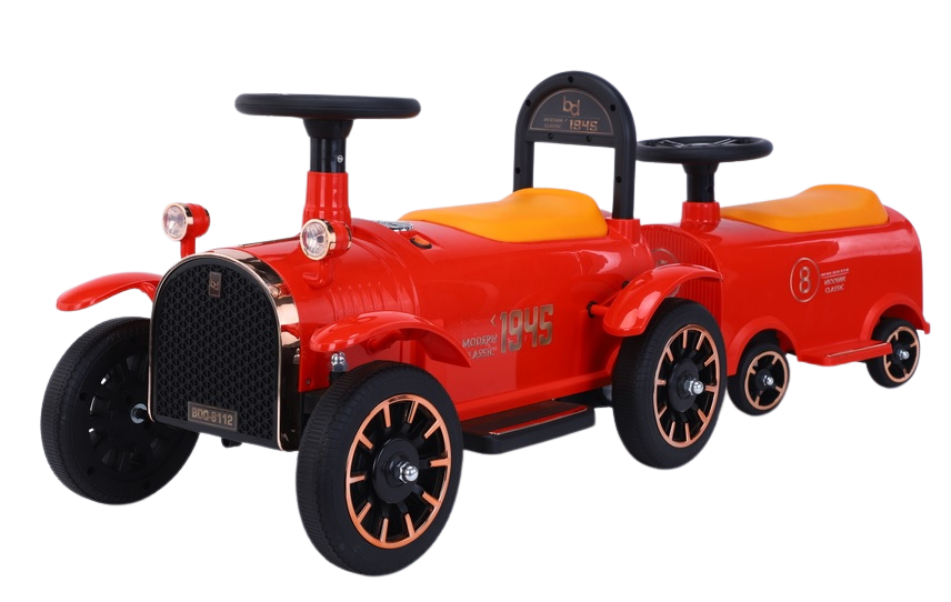 Mașinuță electrica de epoca pentru copii Nichiduța Modern Classic Red 12V cu Vagon pentru al doilea copil, 2 motoare, Spătar înalt, Roți din plastic rezistent, Faruri cu lumini LED, Pornire la buton, Pedală de acceleratie