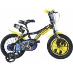Bicicleta copii Dino Bikes Batman 16 inch, varsta 5-7 ani, înălțimea 107-125 cm, frână de mână pe ambele roți, scaun reglabil, roți ajutatoare detasabile, licentiata Batman