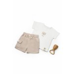 Set tricou cu pantaloni scurti pentru bebelusi, BabyCosy TeddyBear, 100% bumbac organic, ecru, marime 18-24 luni