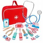 Trusa doctor stomatolog copii, set din lemn cu multiple accesorii, geantă cu fermoar