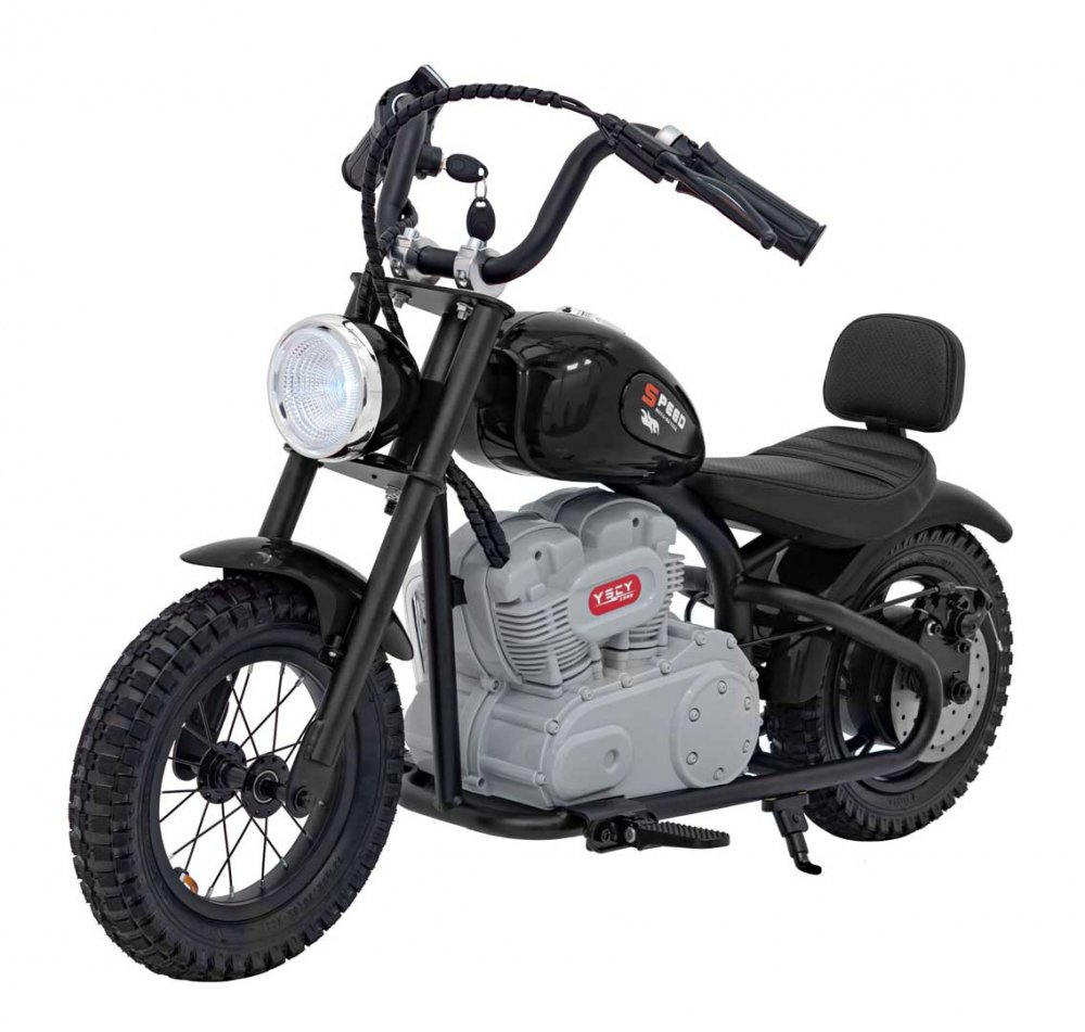 Motocicleta electrica pentru copii Speed Power Black, pornire la cheie, motor 250W, baterie 24V/7Ah, roți pneumatice, scaun ergonomic din piele, lumina frontală LED, claxon, muzica preinstalata, până la 80 kg