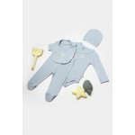 Set 4 piese body, pantaloni, baveta si caciulita Bamboo, bleu, BabyCosy, 50% bumbac + 50% bambus, marime 3-6 Luni