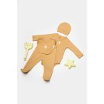 Set 4 piese body, pantaloni, baveta si caciulita Bamboo, maro, BabyCosy, 50% bumbac+50% bambus, marime 3-6 Luni