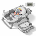 Cadita bebelusi ultrapliabila Little Mom Grey Crocodile, cu pernuta moale detasabila, termometru cu display digital integrat, suport dus, sistem de agatare, dop pentru evacuarea apei, capacitate 45L