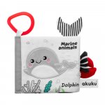 Carte senzoriala pentru bebelusi Akuku Marine Animals 12x12 cm,contine elemente fosnaitoare si zornaitoare, stimuleaza coordonarea vizuala, auditiva si motorie fina,clema pentru atasare la carucior/scaun auto/patut