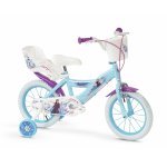 Bicicleta copii Huffy Frozen II 14 inch, roti ajutatoare si cosulet, pentru copii cu varsta intre 4 si 6 ani sau cu inaltimea pana la 110 cm, frana de mana pe ambele roti, anvelope cu profil gros, scaun reglabil
