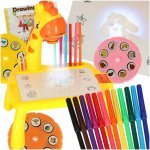 Măsuță de desenat pentru copii, Ikonka Yellow Giraffe, muzicală, prevăzută cu proiector, 3 discuri cu 8 imagini fiecare, burete de sters și 12 markere incluse