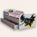 Pat pentru copii Batman, cu mânere, sertar și saltea, 2-12 ani, 160x80 cm