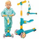 Trotineta pentru copii, Malplay, pliabilă, 2 in 1, scaunel detașabil, roți din PU cu lumini Led, punte antiderapantă și frână de picior, ghidon reglabil pe înălțime, mânere ergonomice, 56 x 28 x 66 cm, Blue / Yellow