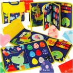 Carte senzoriala de manipulare pentru copii Dino, din pâslă, pentru învățarea numerelor, culorilor, limba engleza, dimensiune 28 x 25 x 3.5 cm