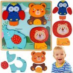 Puzzle din lemn pentru copii Malplay zoo animals, dimensiune 30 x 30 cm, cu piese mari și ușor de manevrat