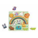 Puzzle și jucărie echilibru 2in1 Hi Pando Animale, 12 piese colorate cu forme diferite, realizat din lemn Eco friendly