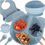 Set complet de hrănire copii pentru diversificare hrana, 8 piese din silicon cu fixare in ventuze, blue Teddy