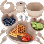 Set complet de hrănire copii, Ikonka, cu 9 piese din silicon, pentru diversificare hrana, beige Crab